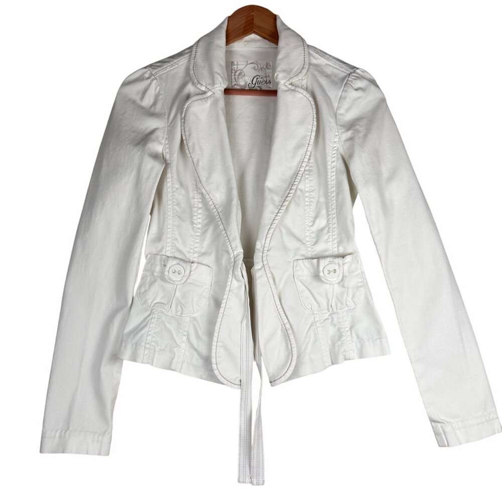 Vintage Guess White Denim Peplum Utility Jacket Womens Small Y2K